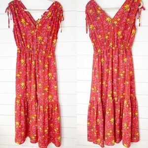 GAP Bright Coral Floral Spring Summer Cap Sleeve Tiered Dress